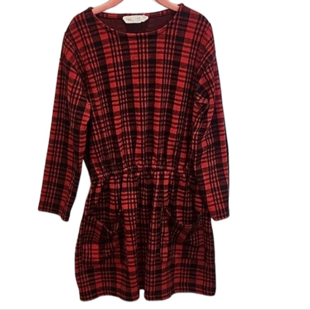 Zara Red and Black Flannel Plaid Long Sleeves Dress with Pockets 8